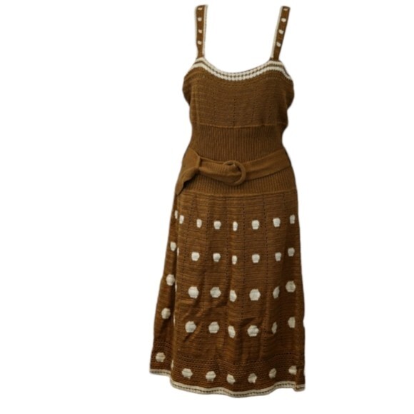 Catharine Malandrino Brown Knit Belted Polka Dot Midi Dress NWT 12 - Picture 1 of 13